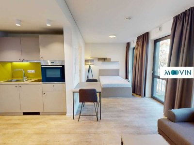 URBAN BASE: Vollmöbliertes 1-Zimmer-Large-Apartment mit EBK, BALKON, ALL-IN-MIETE, UVM. am Rheinufer