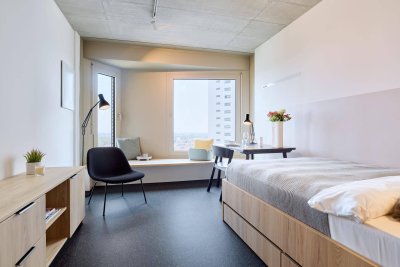 District Living: möbliertes Studio Gold mit exklusiven Gemeinschaftsflächen inklusive: Fitness, Dachterrasse &amp; mehr