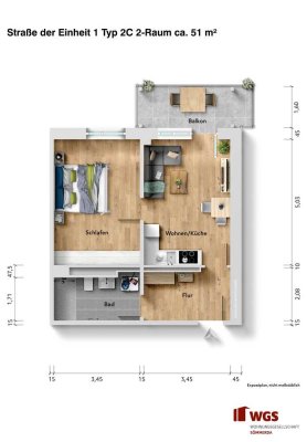 2-Raum Seniorenwohnung mit/ohne Betreuung, inkl. Aufzug und Balkon ab 1. Quartal 2027 - Typ 2C