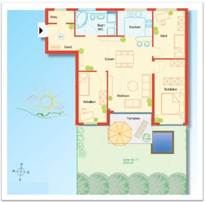 4,5 Zimmer Wohnung 91,3 qm mit Terrasse, Garten Einbauküche und Doppelparkerstellplatz, Flugfeld