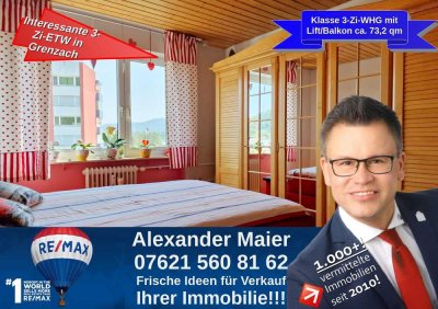 Interessante Chance in Grenzach-Wyhlen: 3-Zi-Wohnung, Lift, Balkon, Einbauküche, super Ausblick!