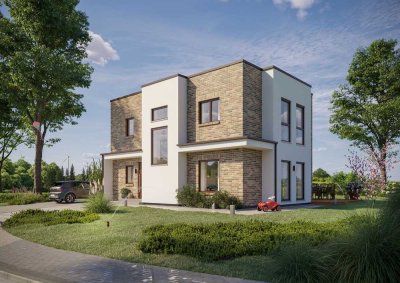 Design-Highlight mit voller Höhe: 2 Vollgeschosse, Massivwände, Flachdach-Stil.