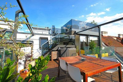 LUXUS DACHGESCHOSS - 4 Zimmer - 360° WIEN BLICK - ca. 204m² gew. NFL - ca. 50m² Terrassen/ Balkone - hochwertige Ausstattung - Einbauküche - 2 Garagenplätze (zusätzlich) - Rochusmarkt - Grüner Prater - 3 Jahre befristet