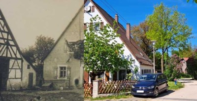 Bauernhaus mit Äckern, Wald und Wiesen