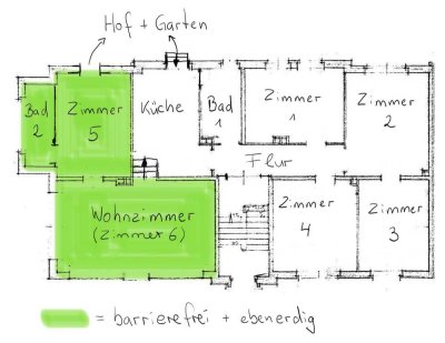 Barrierefreie 6-Zimmer-EG-Wohnung mit Garten, Terrasse und Einbauküche - Gewerbeoption vorhanden
