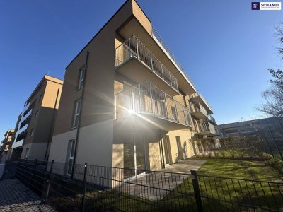 SUPER LAGE! Lassen Sie sich begeistern! Helle 2-Zimmer-Neubauwohnung mit großzügigem Balkon, exklusiver Tischlerküche und Tiefgaragenplatz!