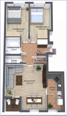Anlegerwohnung für Studenten 2er WG. 2 extra SZ, 1 großer Wohnraum, Küche, Bad, WC, Loggia, Garten.