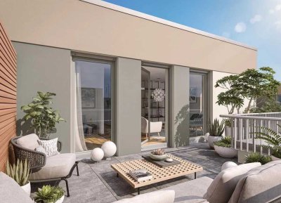 Umlaufende Südwest-Dachterrasse in Ihrer 3-Zimmer-Wohnung im 3. OG mit offener Wohnküche
