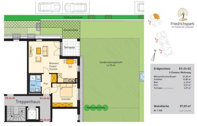 Erdgeschosswohnung mit 2 Zimmern sowie Terrasse und 90m² Garten