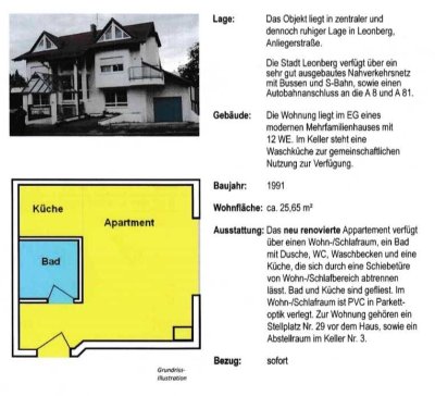 Schöne ein Zimmer Wohnung in Böblingen (Kreis), Leonberg