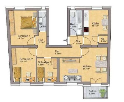 Neu! Sanierte 90 m²,  4-Zi, Gast-WC, Balkon