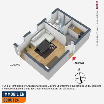 1 Zimmer-Appartment ca. 23 m² mit EBK und Stellplatz