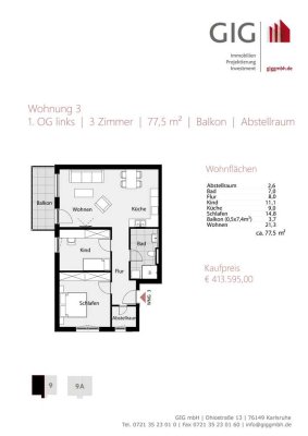 WE03 | Neubau | 3 Zimmer | ca. 78 m² | Balkon | 1. OG | Abstellraum |  Kellerraum