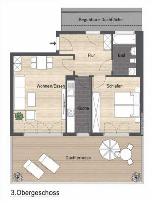Zwei Zimmer Dachterrassen Wohnung, absolut hell und ruhig.