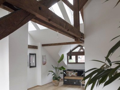 Das Atelier: 3-Zimmer-Dachgeschosswohnung mit Loggia &amp; Sichtdachstuhl bis 4 Meter Höhe