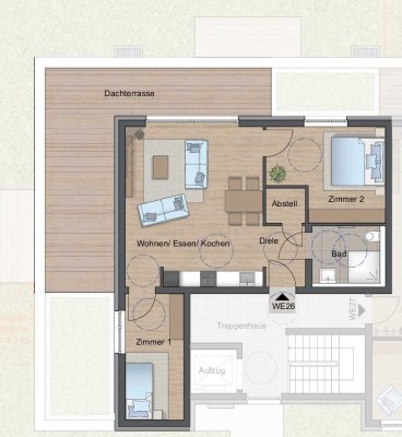 Dreizimmerwohnung mit 32 Qm. großer Dachterrasse und Personenaufzug im 2. OG, 
QNG förderfähig!