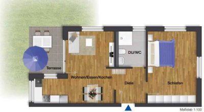 2-Zimmer-Wohnung mit Einbauküche, Terrasse und ca. 80 sqm Garten  in Plattenhardt
