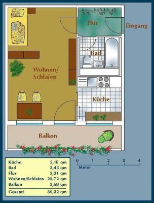 Aktuelle Renovierung einer 1-Raum-Wohnung mit Balkon!