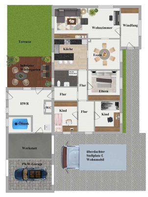 Ebenerdiges Wohnhaus mit Wohnmobil-Carport