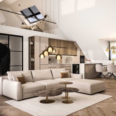 Exklusive Maisonettewohnung mit zwei Dachterrassen, Kamin und bis zu 7 m Raumhöhe – Erstbezug