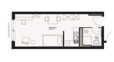1-Raumwohnung im ELLA mit Küche und Fußbodenheizung