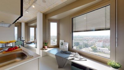 District Living: möbliertes Studio Platin mit exklusiven Gemeinschaftsflächen inklusive: Fitness, Dachterrasse &amp; mehr
