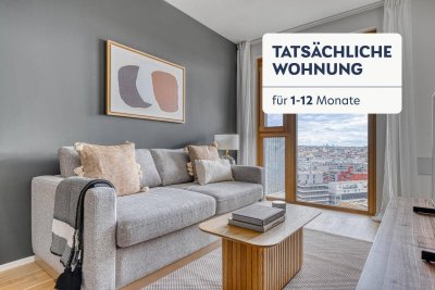 Traumblick über Wien, Belview Tower mit Gym, Wellness &amp; Lounge, 2 Zimmer + Balkon, 16. Stock, U-Bahn (VIE200)