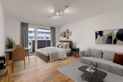 Kurzzeitmiete: Studio Large (möbliert) mit Zugang zu erstklassigen Gemeinschaftsflächen: Fitness, Co-Working, Dachterrasse, Yoga, Private Dining &amp; Kinoraum