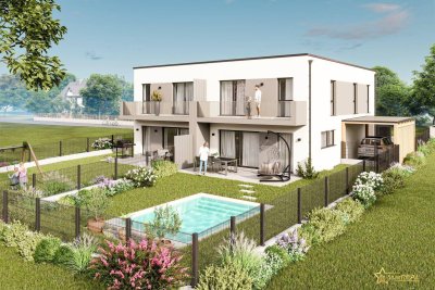 KURZ VOR BAUBEGINN! 2 HÄUSER VERFÜGBAR! EXKLUSIVES DOPPELHAUSPROJEKT. 5 ZIMMER. ZIEGELHAUS MIT KELLER, BALKON, TERRASSE, CARPORT.