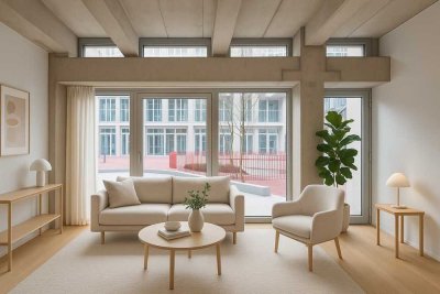 Stilvoll wohnen: Helle Wohnung mit Designküche, bodentiefen Fenstern und Gemeinschaftsangeboten