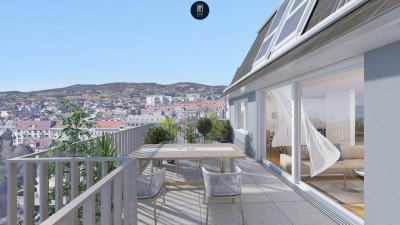 "Grünes Cumberland" ! Traumhafte zweistöckige 3-Zimmer-Wohnung mit Dachterrasse und Blick auf Schönbrunner Schlossgarten und Lainzer Tiergarten