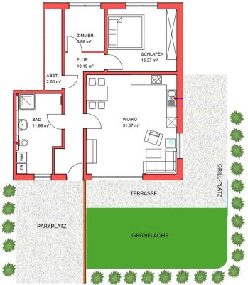 Moderne 3-Zi.-Souterrainwohnung (ebenerdig) mit Garten, Terrasse und Parkplatz