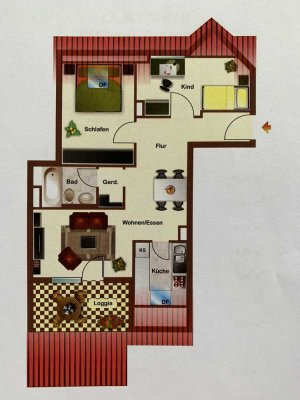 3 Zimmer DG-Wohnung 62qm in Dagersheim (unbefristet)