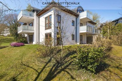 3-Zi.-Gartenwohnung mit 2 Terrassen & Gäste-/Arbeitsbereich & 2 Bäder – wenige Schritte zum See