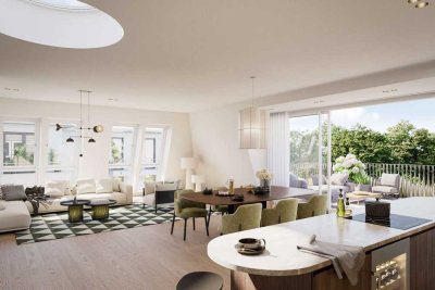 Neubau: Exklusives Penthouse auf einer Ebene mit Dachterrasse und Blick ins Grüne