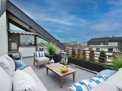 Über den Dächern! Dachgeschosswohnung mit 3 Terrassen, Küche und Tiefgaragenstellplatz. Bezugsfrei!