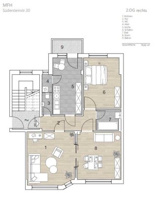 Helle und sanierte 2,5 Zimmer mit Balkon