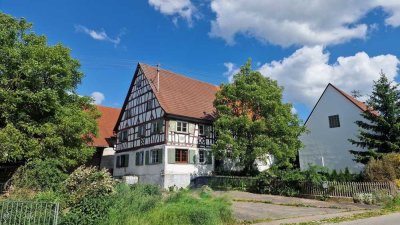 klassisches Fachwerk-Doppelhaus mit 2 großen Scheunen am Fuße des "Bussen"