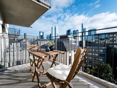* VOLL MÖBLIERTES* 1 Zi.-Apartment m. Skylineblick-Balkon, Parkett in Citylage Nähe Mainufer