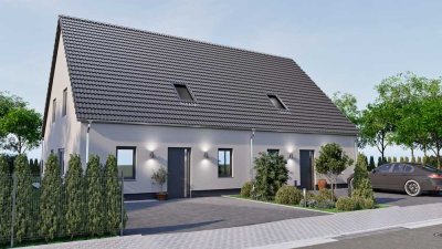 Bezahlbarer Neubau als Doppelhaushälfte, Bodenplatte, FBH, A+, PV, Lüftung