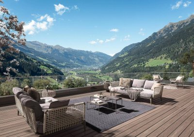 Exklusive NEUBAUWOHNUNG in sonniger und ruhiger Bestlage von Bad Gastein. 44m² große Ost-Süd-West Terrasse, raumgreifender und nachhaltig bepflanzter rundum Grünbereich.