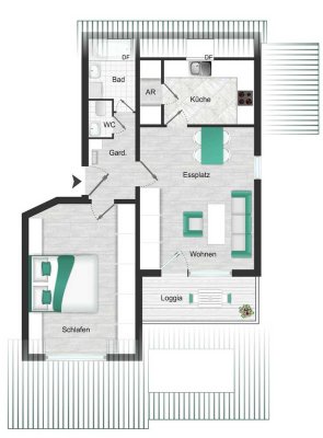 2 Zimmer Dachgeschosswohnung mit Balkon, Einbauküche und Tiefgaragenstellplatz